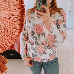 Vintage OHI silk rabbit fur rose print mock neck sweater Small